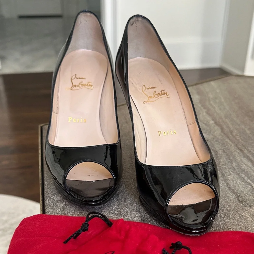 Christian Louboutin Glossy Black Peep-Toe Heels - Picture 3 of 5